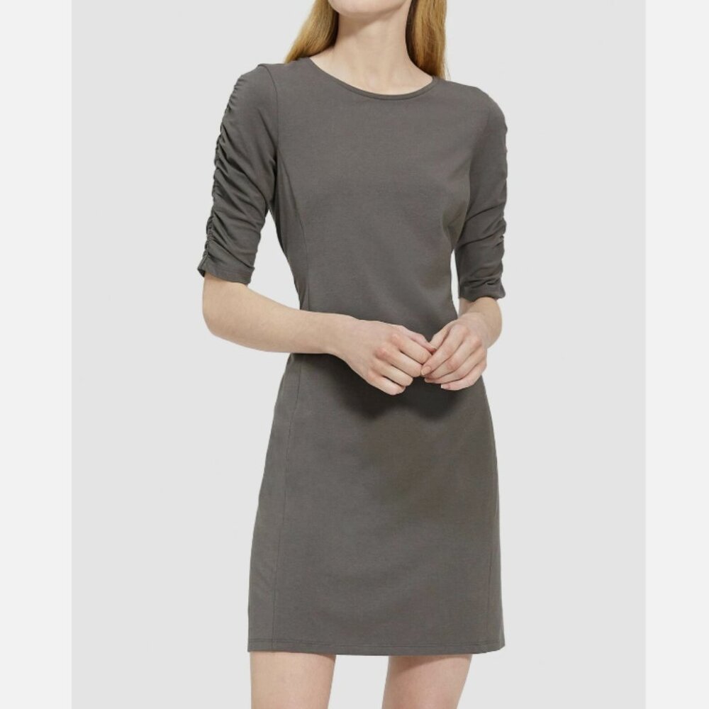 Theory Olive Green Minimalist Ruched Sleeve Pima Cotton Mini Dress Medium